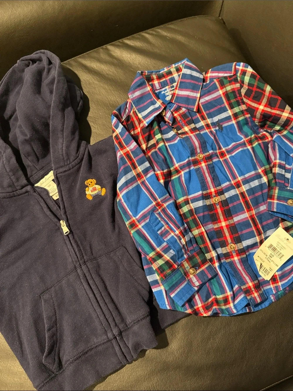 2 piece lot Ralph Lauren Baby Navy Hoodie & Blue Plaid Button-Up Shirt Set 18M